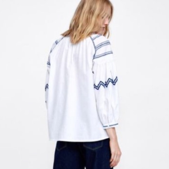 Zara Size Small Boho Blouse w/ Blue Embroidery & Tassel Detail - Picture 3 of 13